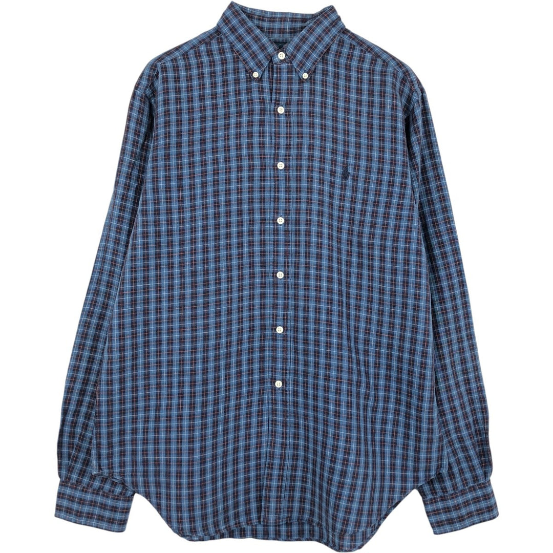 Ralph Lauren CLASSIC FIT Check Pattern Long-Sleeve Linen Button-Down Shirt, Men's Size L (approx.) linen blue type Vintage Second Hand
