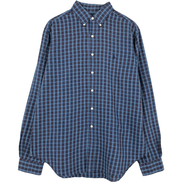 Ralph Lauren CLASSIC FIT Check Pattern Long-Sleeve Linen Button-Down Shirt, Men's Size L (approx.) linen blue type Vintage Second Hand