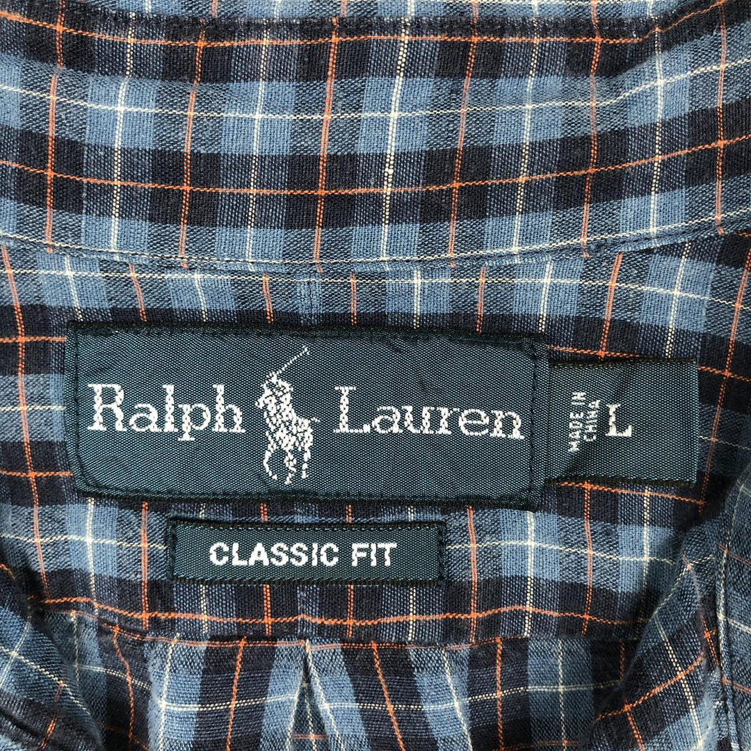 Ralph Lauren CLASSIC FIT Check Pattern Long-Sleeve Linen Button-Down Shirt, Men's Size L (approx.) linen blue type Vintage Second Hand