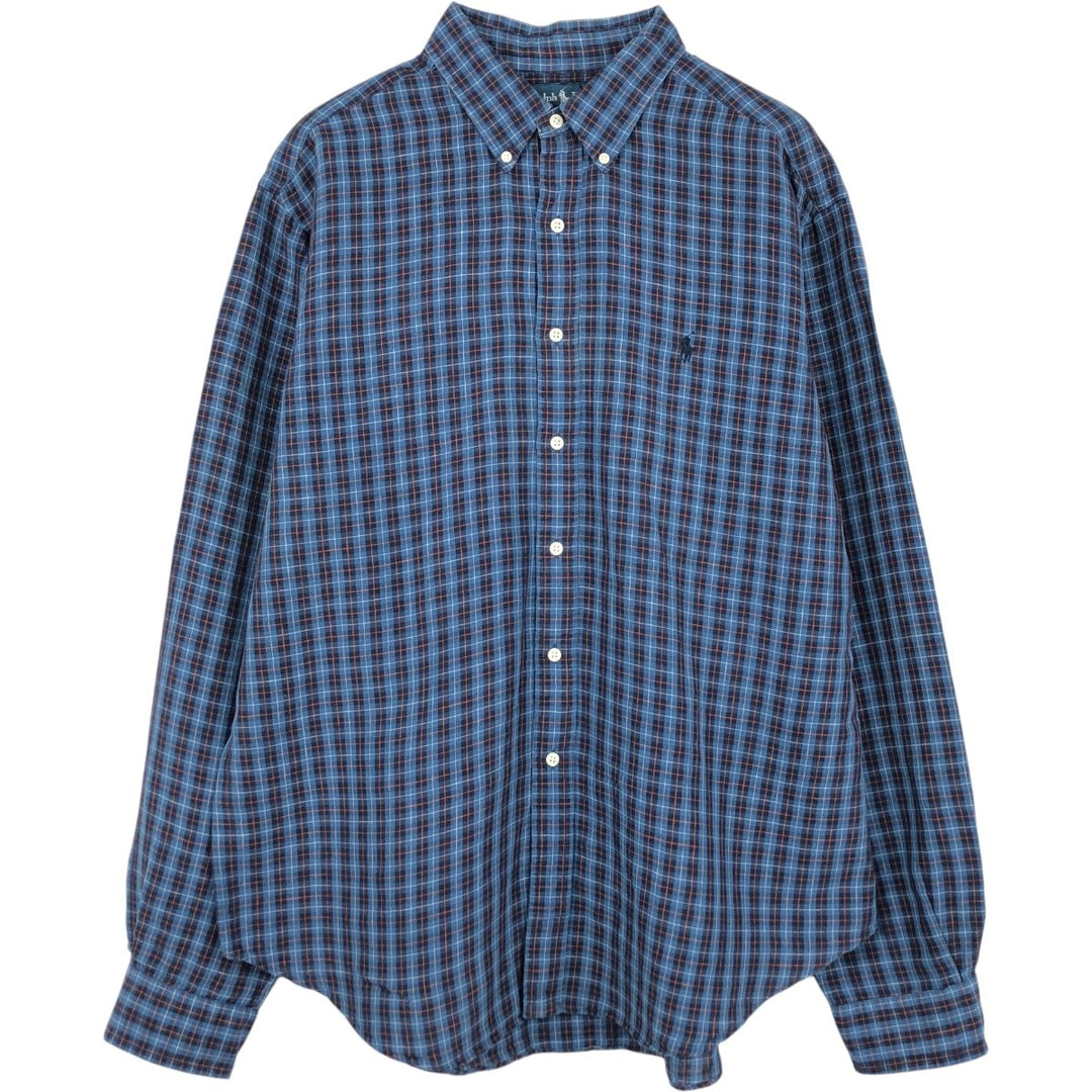 Ralph Lauren CLASSIC FIT Check Pattern Long-Sleeve Linen Button-Down Shirt, Men's Size XL (approx.) linen blue type Vintage Second Hand