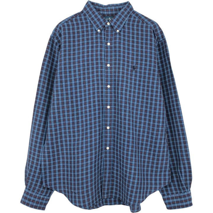 Ralph Lauren CLASSIC FIT Check Pattern Long-Sleeve Linen Button-Down Shirt, Men's Size XL (approx.) linen blue type Vintage Second Hand