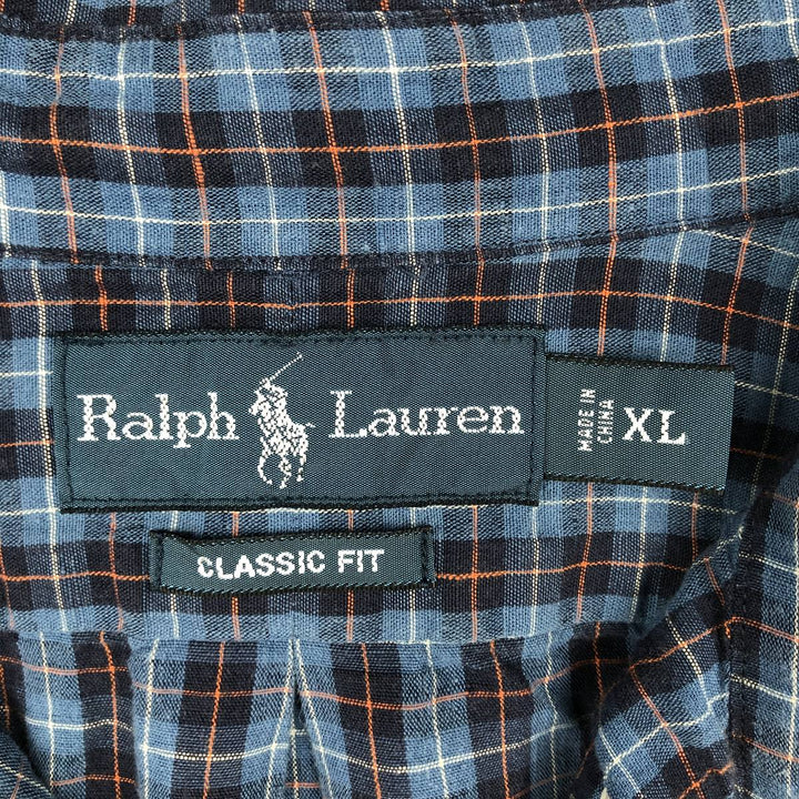 Ralph Lauren CLASSIC FIT Check Pattern Long-Sleeve Linen Button-Down Shirt, Men's Size XL (approx.) linen blue type Vintage Second Hand