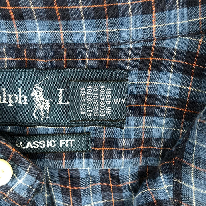 Ralph Lauren CLASSIC FIT Check Pattern Long-Sleeve Linen Button-Down Shirt, Men's Size XL (approx.) linen blue type Vintage Second Hand