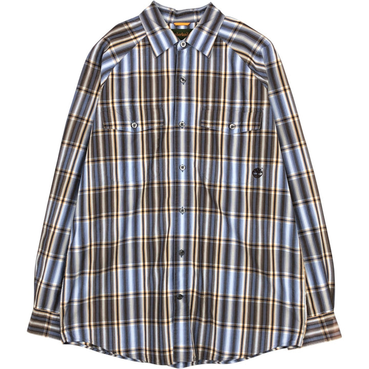 90'S Timberland Long-Sleeve Cotton Check Shirt, Men's Size M (approx.), Vintage cotton blue type Vintage Second Hand
