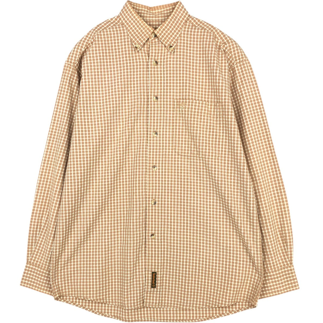 90'S Timberland Gingham Check Long-Sleeve Cotton Check Shirt, Men's Size S (Equivalent), Vintage cotton beige type brown Vintage Second Hand