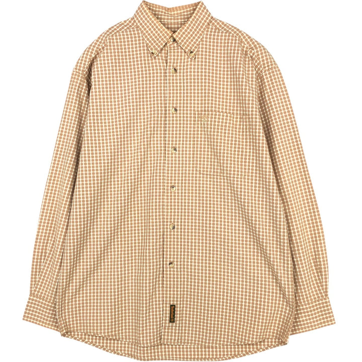 90'S Timberland Gingham Check Long-Sleeve Cotton Check Shirt, Men's Size S (Equivalent), Vintage cotton beige type brown Vintage Second Hand