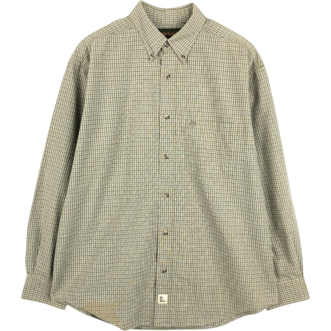Timberland long-sleeved button-down check shirt, men's size L (approx.) cotton Khaki type sage green Vintage Second Hand