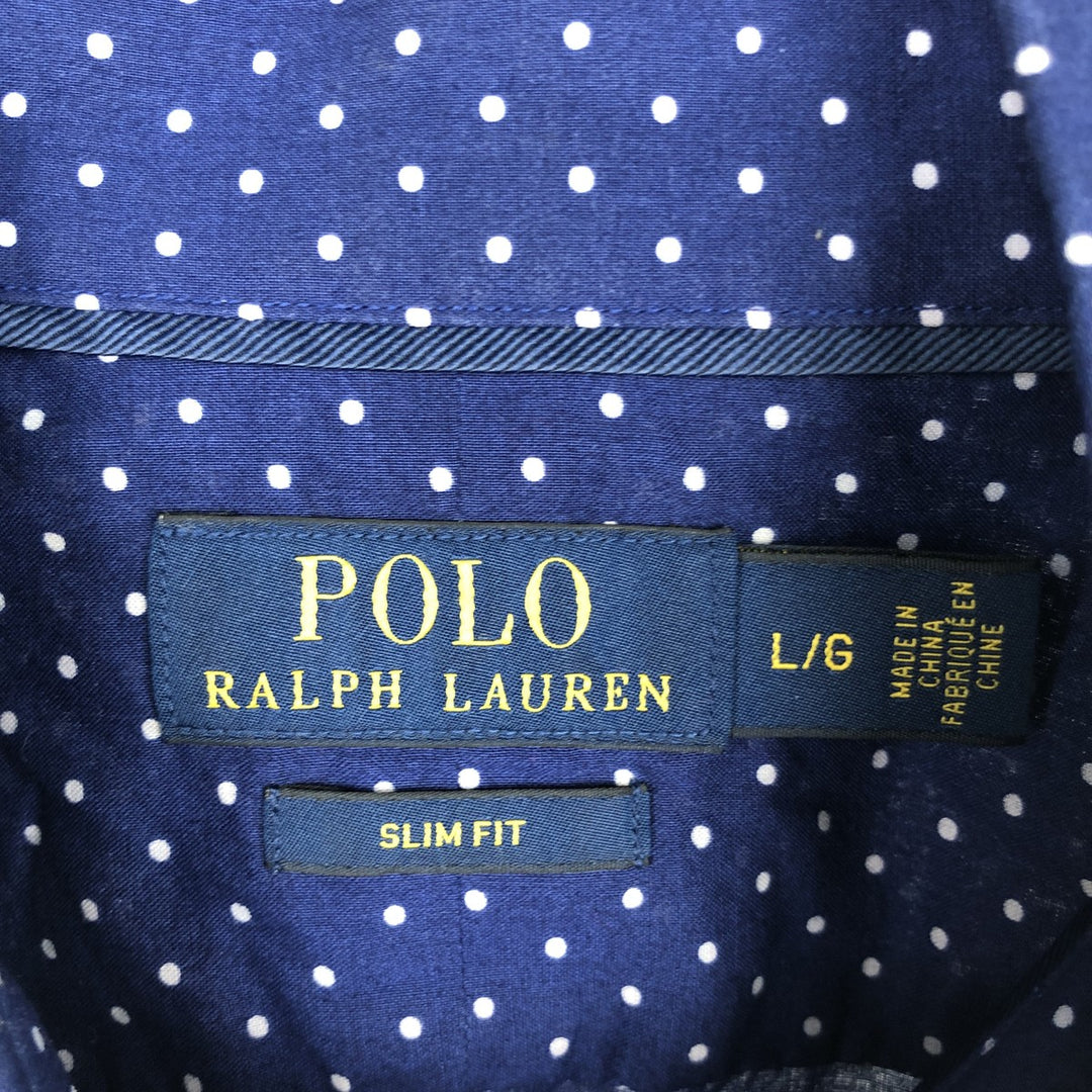 Ralph Lauren SLIM FIT long-sleeved cotton shirt with polka dot pattern, men's size L (approx.) cotton Navy blue Vintage Second Hand