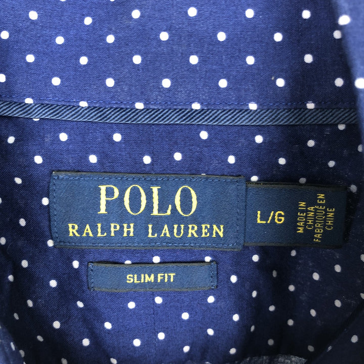 Ralph Lauren SLIM FIT long-sleeved cotton shirt with polka dot pattern, men's size L (approx.) cotton Navy blue Vintage Second Hand