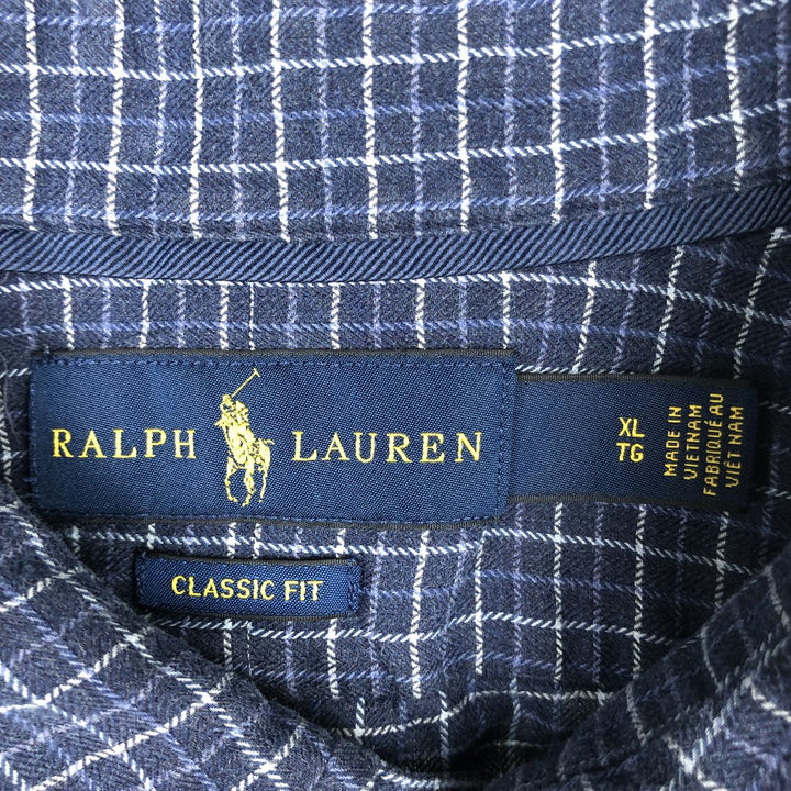 Ralph Lauren Classic Fit Long Sleeve Button Down Check Shirt Men's XL cotton Navy blue Vintage Second Hand