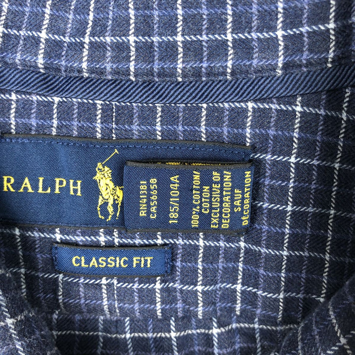 Ralph Lauren Classic Fit Long Sleeve Button Down Check Shirt Men's XL cotton Navy blue Vintage Second Hand