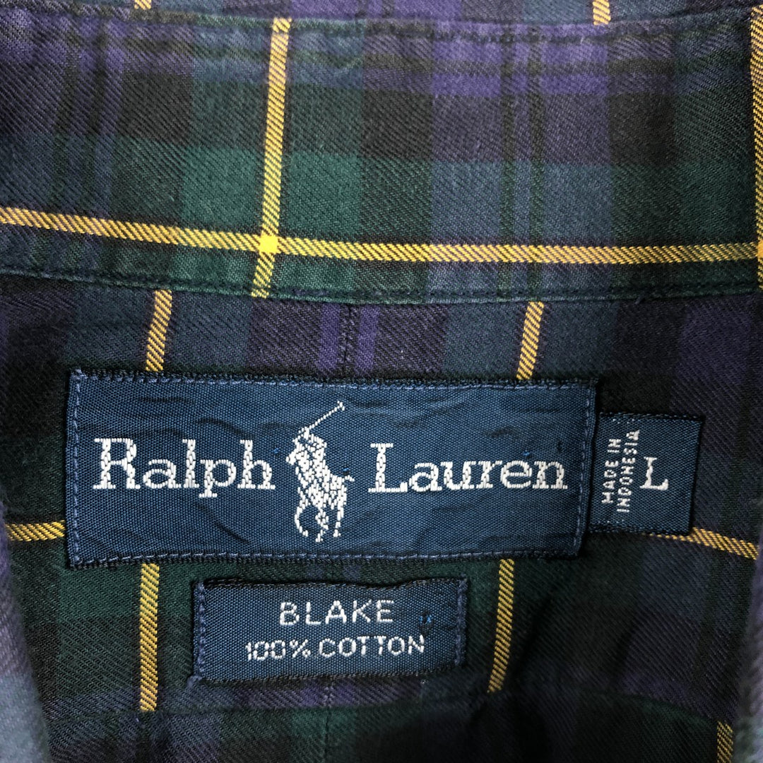 Ralph Lauren BLAKE long sleeve button down check shirt, men's size L cotton Green type dark green Vintage Second Hand
