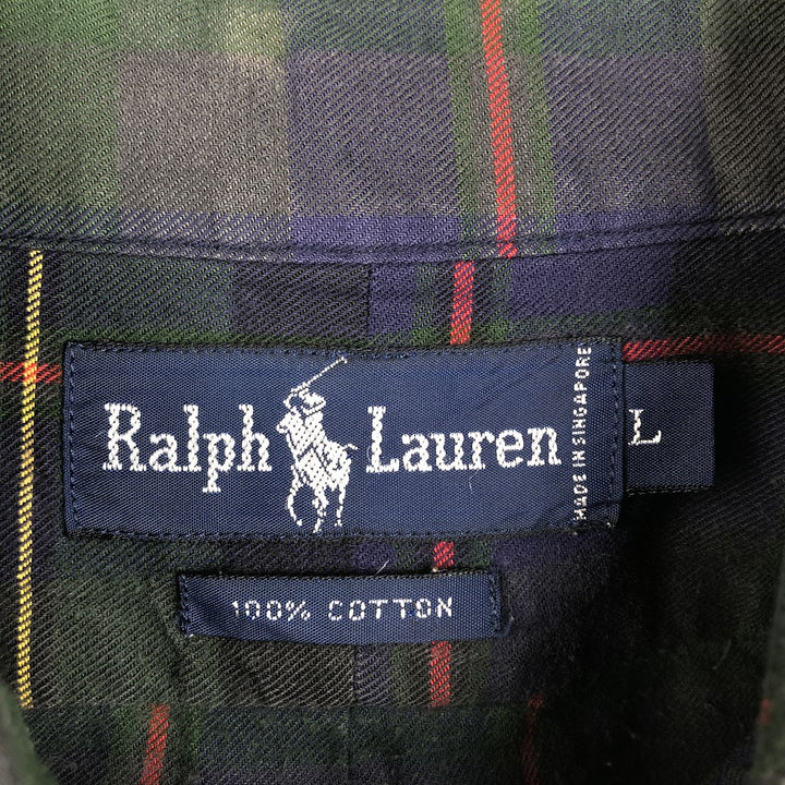 Ralph Lauren long-sleeved button-down check shirt, men's size L (approx.) cotton navy blue type Vintage Second Hand