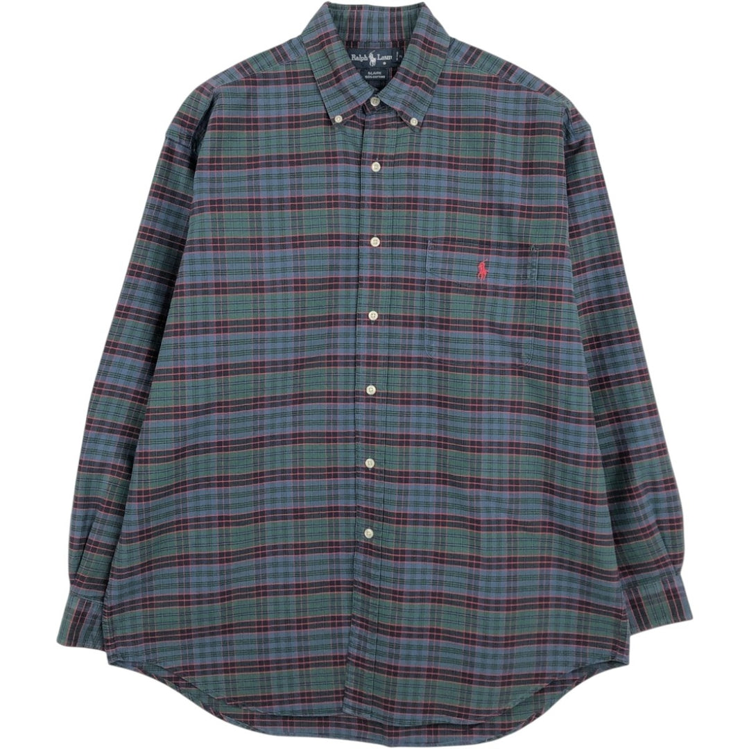 Ralph Lauren BLAIRE long sleeve button down check shirt, men's size L cotton dark green Vintage Second Hand