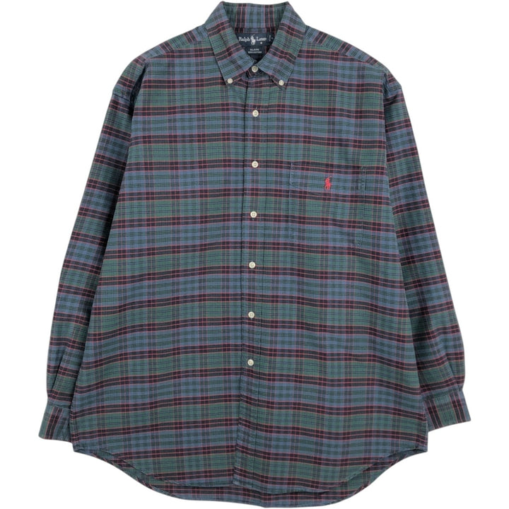 Ralph Lauren BLAIRE long sleeve button down check shirt, men's size L cotton dark green Vintage Second Hand