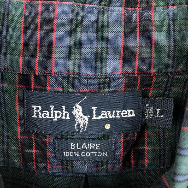 Ralph Lauren BLAIRE long sleeve button down check shirt, men's size L cotton dark green Vintage Second Hand