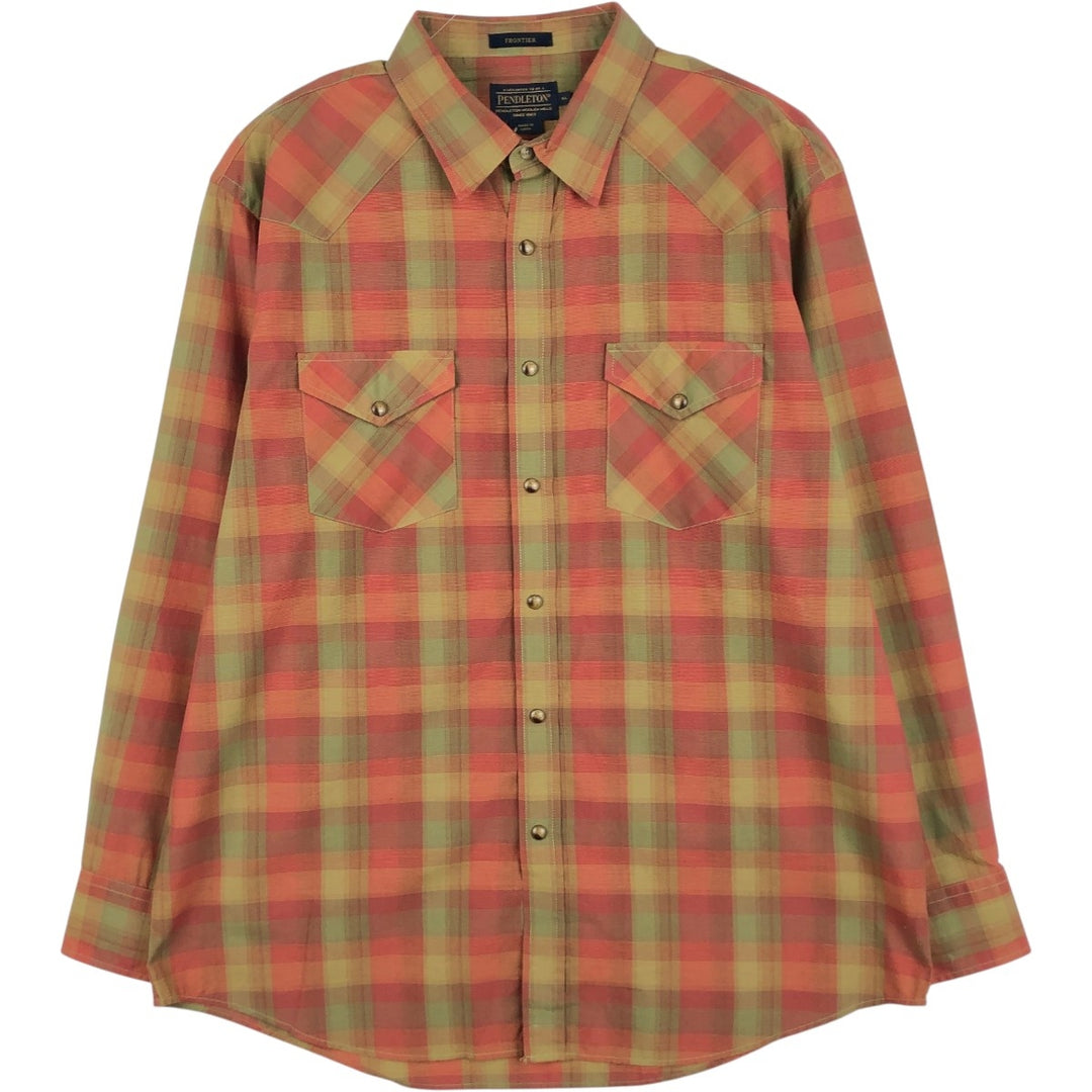 Pendleton Frontier Check Pattern Long-Sleeve Western Shirt, Men's Size XL (approx.) cotton red type Vintage Second Hand