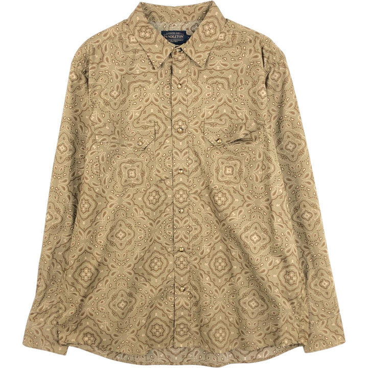 Pendleton Paisley Pattern Long-Sleeve Western Shirt, Men's Size L (approx.) cotton Khaki type Vintage Second Hand