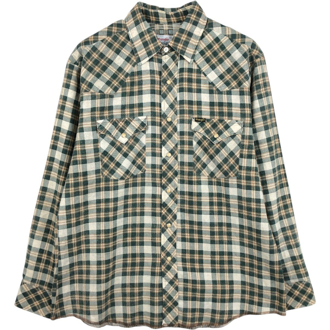 70s-80'S Wrangler Check Pattern Long-Sleeve Western Flannel Check Shirt, Made in USA, Men's XL Equivalent, Vintage cotton green type Vintage Second Hand