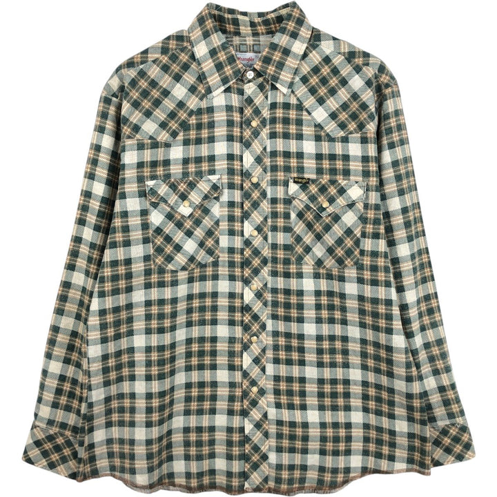 70s-80'S Wrangler Check Pattern Long-Sleeve Western Flannel Check Shirt, Made in USA, Men's XL Equivalent, Vintage cotton green type Vintage Second Hand