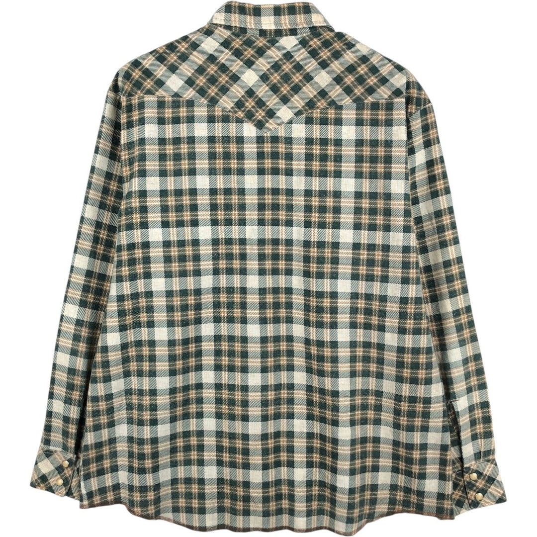 70s-80'S Wrangler Check Pattern Long-Sleeve Western Flannel Check Shirt, Made in USA, Men's XL Equivalent, Vintage cotton green type Vintage Second Hand