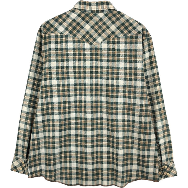 70s-80'S Wrangler Check Pattern Long-Sleeve Western Flannel Check Shirt, Made in USA, Men's XL Equivalent, Vintage cotton green type Vintage Second Hand