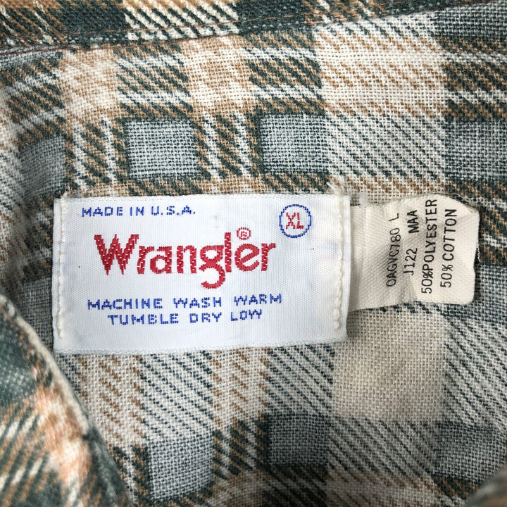 70s-80'S Wrangler Check Pattern Long-Sleeve Western Flannel Check Shirt, Made in USA, Men's XL Equivalent, Vintage cotton green type Vintage Second Hand