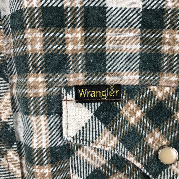 70s-80'S Wrangler Check Pattern Long-Sleeve Western Flannel Check Shirt, Made in USA, Men's XL Equivalent, Vintage cotton green type Vintage Second Hand