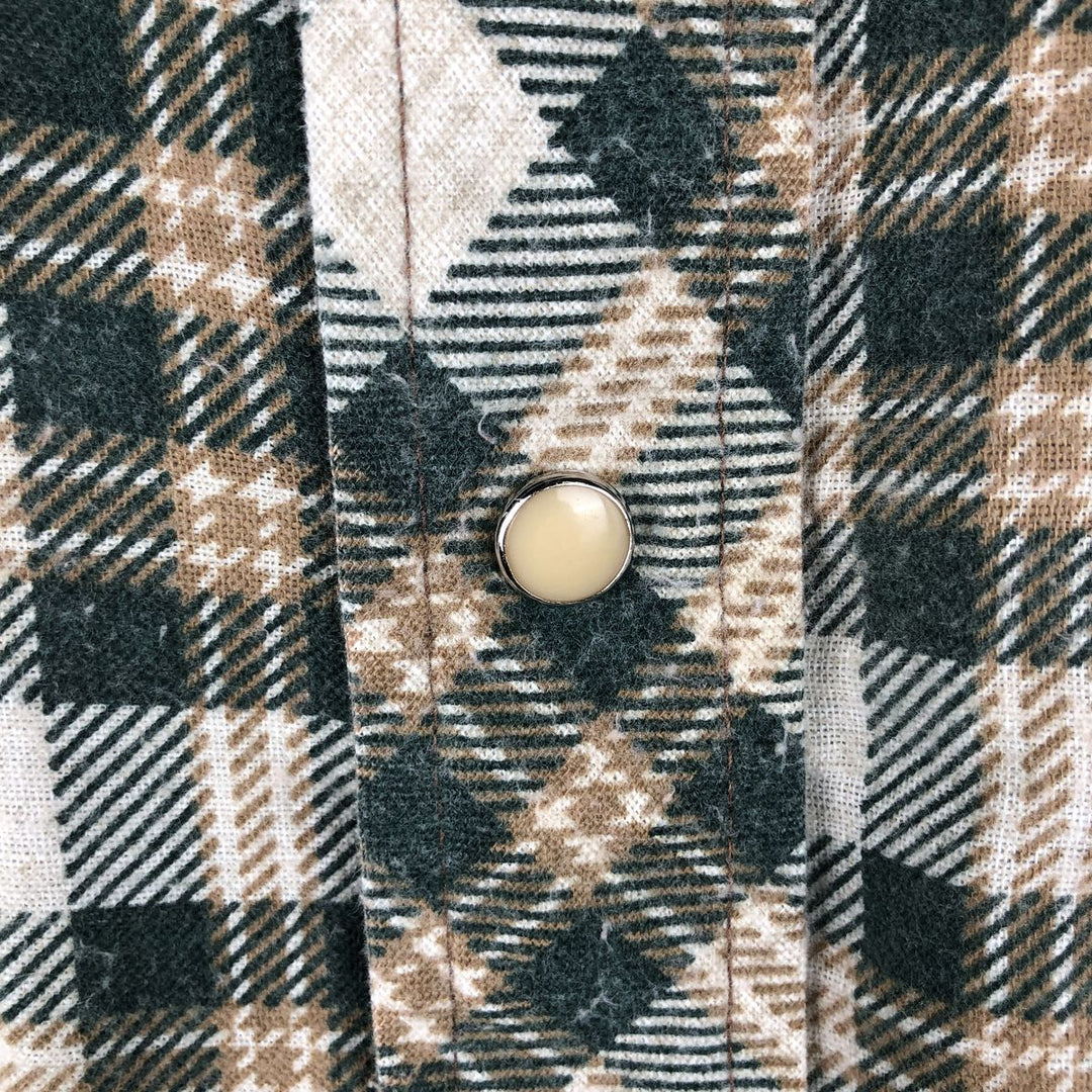70s-80'S Wrangler Check Pattern Long-Sleeve Western Flannel Check Shirt, Made in USA, Men's XL Equivalent, Vintage cotton green type Vintage Second Hand