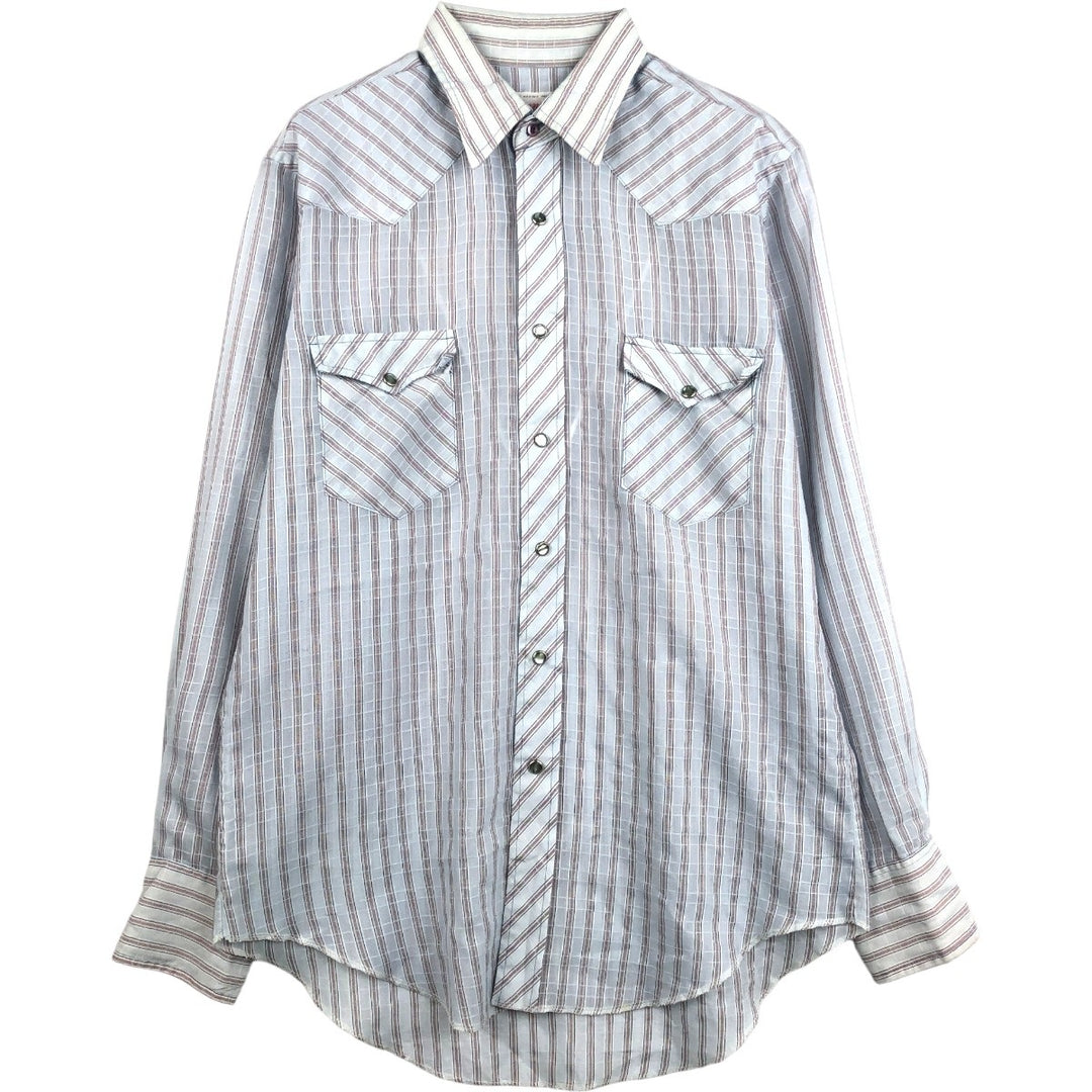 1970'S Wrangler Stripe Pattern Long-Sleeve Western Shirt, Made in USA, Men's Size L (approx.), Vintage polyester Blue type light blue Vintage Second Hand