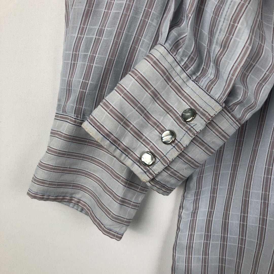 1970'S Wrangler Stripe Pattern Long-Sleeve Western Shirt, Made in USA, Men's Size L (approx.), Vintage polyester Blue type light blue Vintage Second Hand