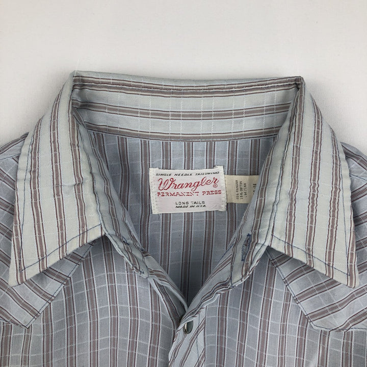1970'S Wrangler Stripe Pattern Long-Sleeve Western Shirt, Made in USA, Men's Size L (approx.), Vintage polyester Blue type light blue Vintage Second Hand