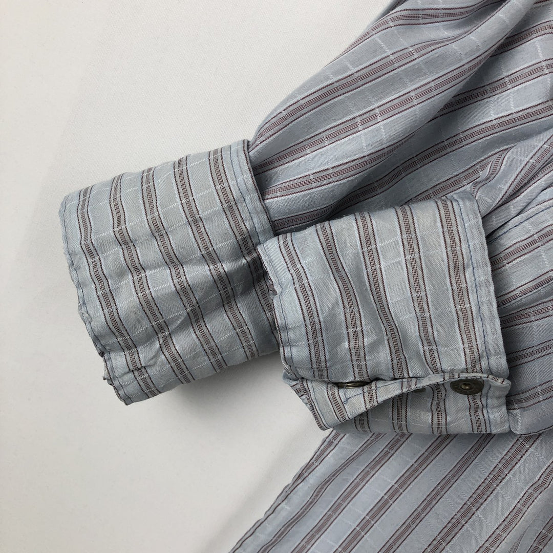 1970'S Wrangler Stripe Pattern Long-Sleeve Western Shirt, Made in USA, Men's Size L (approx.), Vintage polyester Blue type light blue Vintage Second Hand
