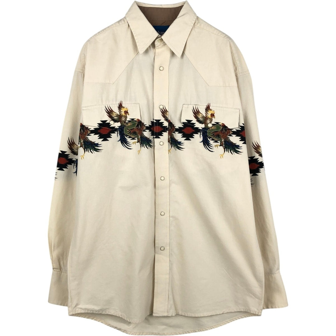Wrangler Western Shirts, all-over print, long-sleeved, men's size M (approx.) cotton unbleached Vintage Second Hand