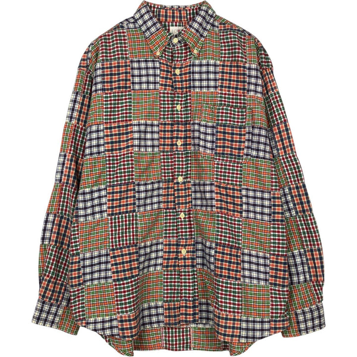 90'S J.Crew Check Pattern Patchwork Long-Sleeve Button-Down Check Shirt, Men's Size L (approx.), Vintage cotton orange type Vintage Second Hand