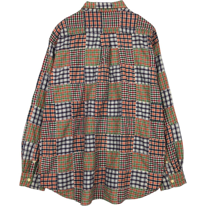 90'S J.Crew Check Pattern Patchwork Long-Sleeve Button-Down Check Shirt, Men's Size L (approx.), Vintage cotton orange type Vintage Second Hand