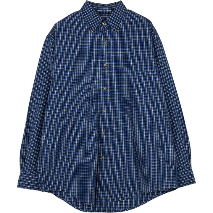 Eddie Bauer long-sleeved button-down check shirt, men's size small cotton navy blue type Vintage Second Hand