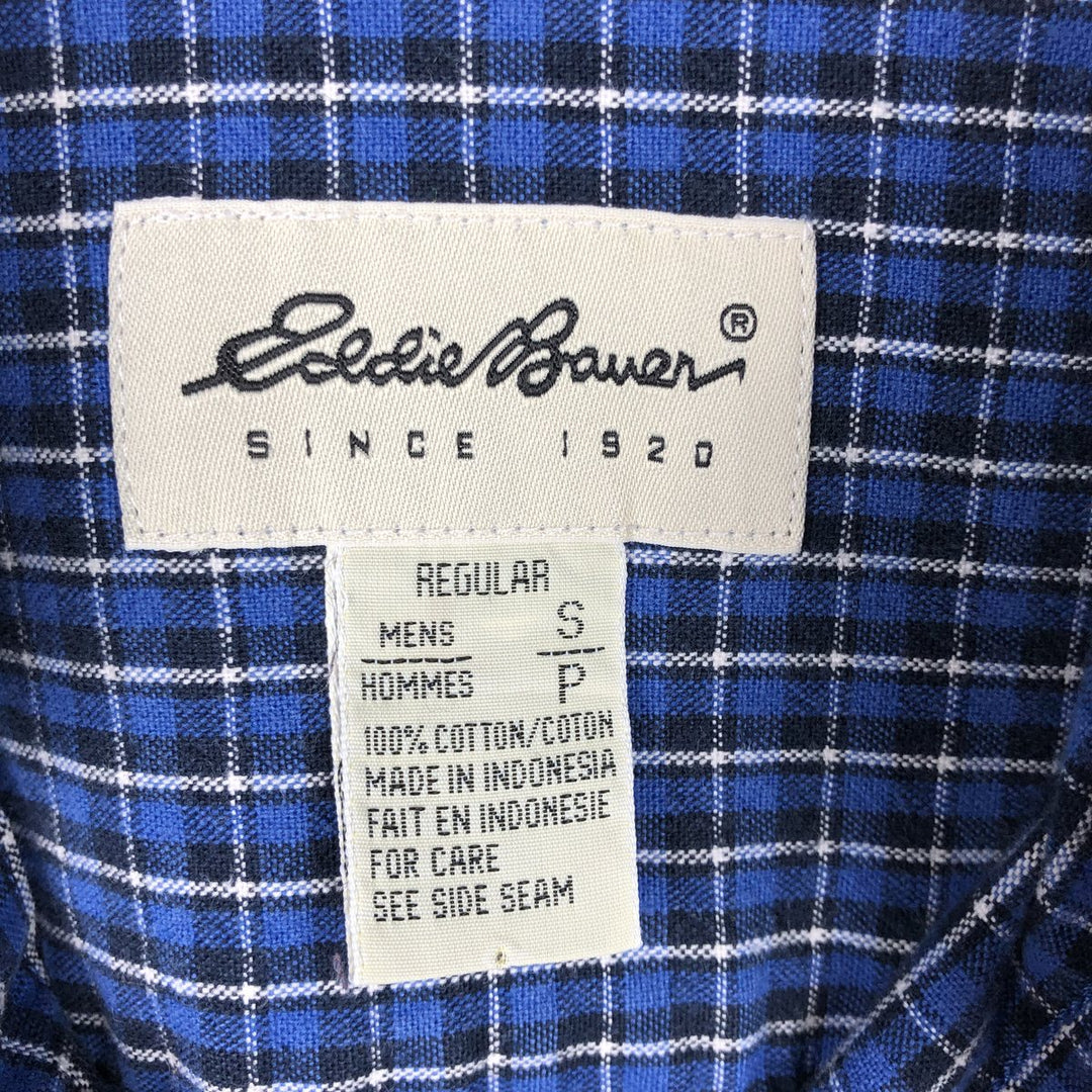 Eddie Bauer long-sleeved button-down check shirt, men's size small cotton navy blue type Vintage Second Hand