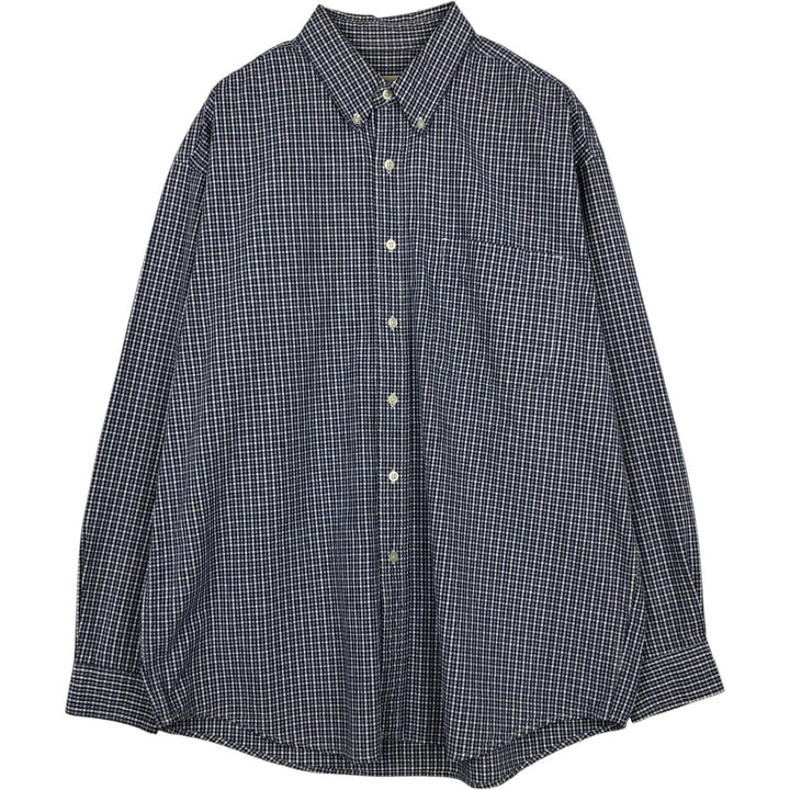 Eddie Bauer Gingham Check Long-Sleeve Button-Down Check Shirt, Men's Size L (approx.) cotton navy blue type Vintage Second Hand