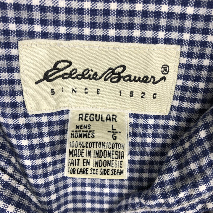 Eddie Bauer Gingham Check Long-Sleeve Button-Down Check Shirt, Men's Size L (approx.) cotton navy blue type Vintage Second Hand