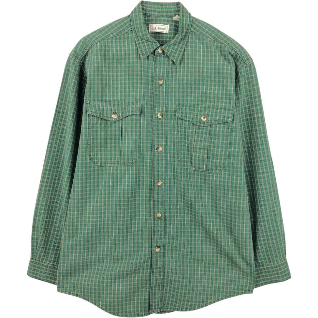 70s-80'S LL Bean Long-Sleeve Cotton Check Shirt, Made in USA, Men's Size M (Equivalent), Vintage cotton green type Vintage Second Hand