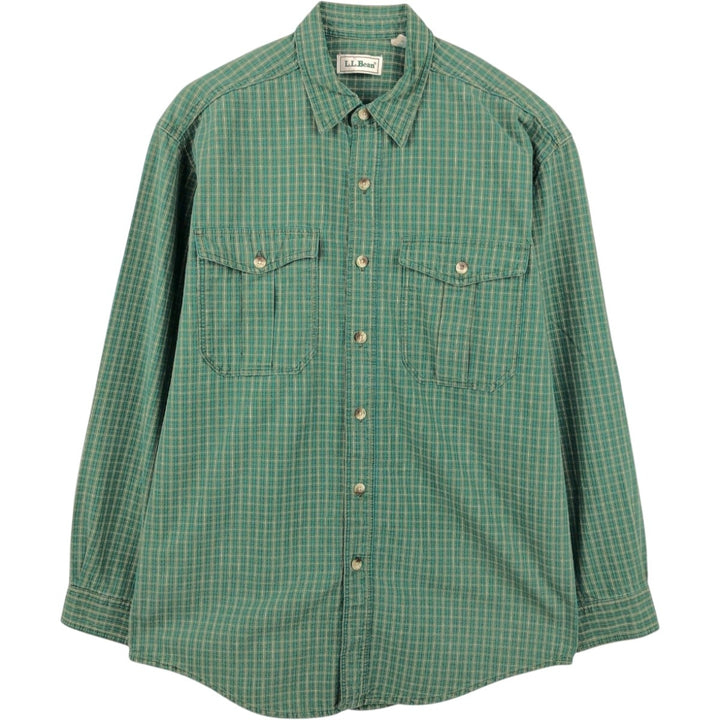 70s-80'S LL Bean Long-Sleeve Cotton Check Shirt, Made in USA, Men's Size M (Equivalent), Vintage cotton green type Vintage Second Hand