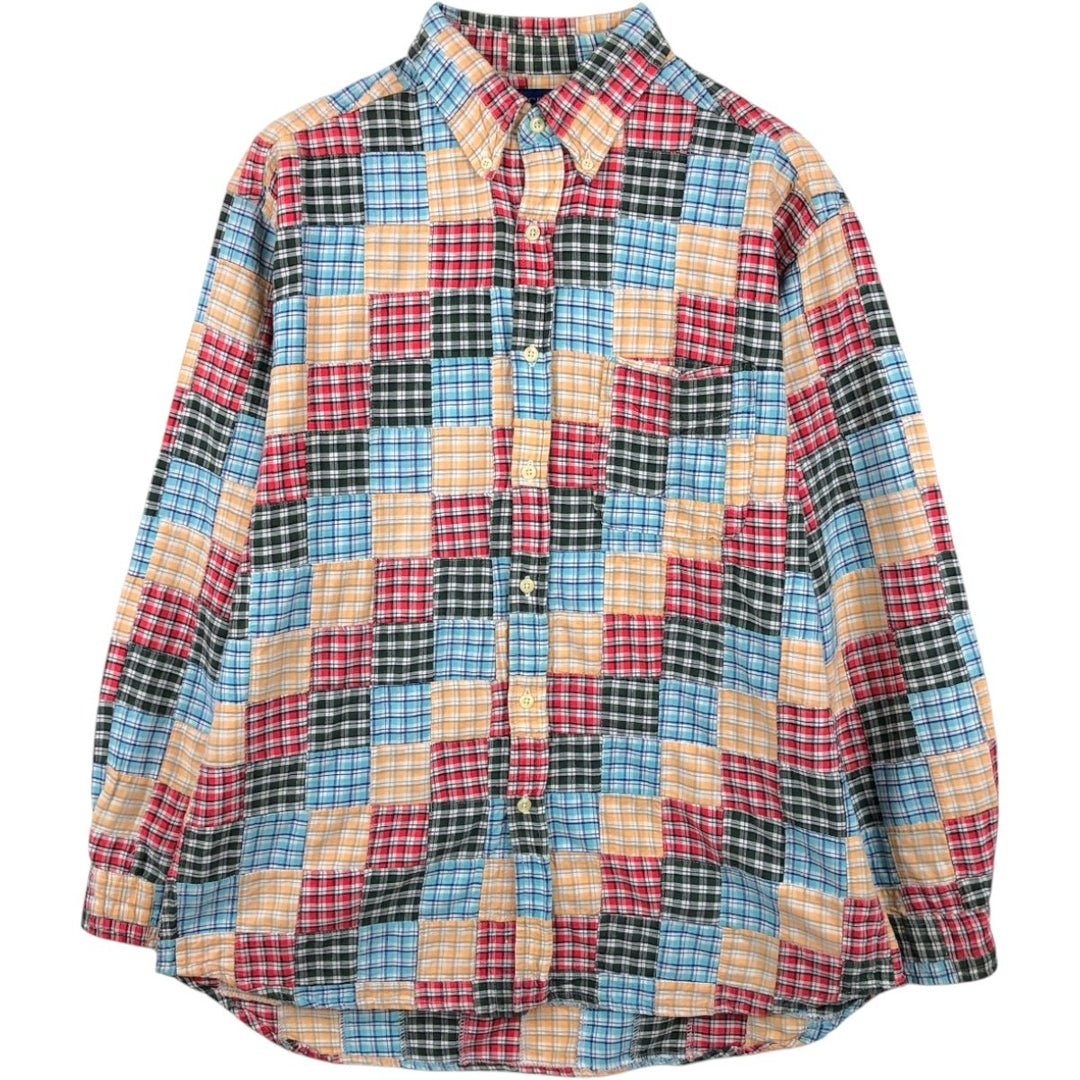 90'S J.Crew Long-Sleeve Patchwork Button-Down Check Shirt, Men's Size M (Equivalent), Vintage cotton multicolor Vintage Second Hand