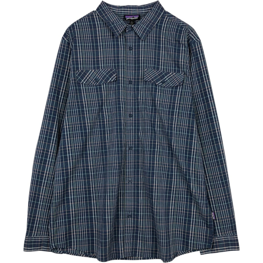 Patagonia Organic Cotton 54035SP19 Check Pattern Long-Sleeve Nylon x Poly Shirt, Men's Size L (approx.) Nylon navy blue type Vintage Second Hand