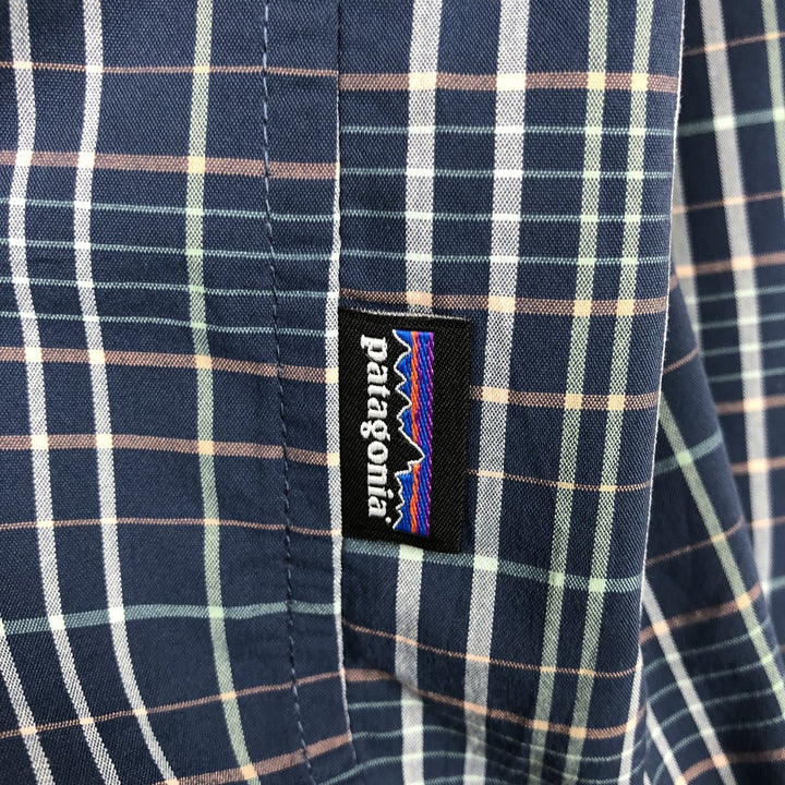 Patagonia Organic Cotton 54035SP19 Check Pattern Long-Sleeve Nylon x Poly Shirt, Men's Size L (approx.) Nylon navy blue type Vintage Second Hand