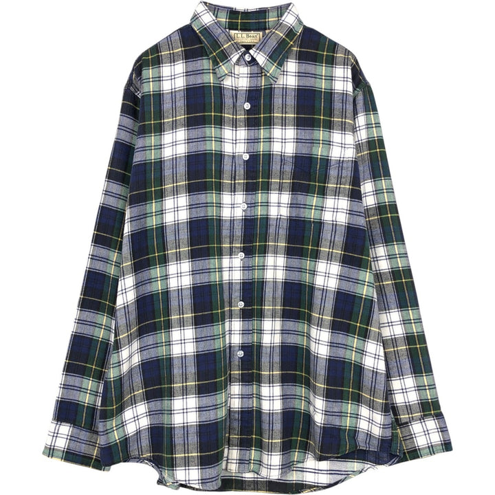 1980'S LL Bean Long-Sleeve Light Flannel Check Shirt, Made in USA, Men's Size L (Equivalent), Vintage cotton navy blue type Vintage Second Hand