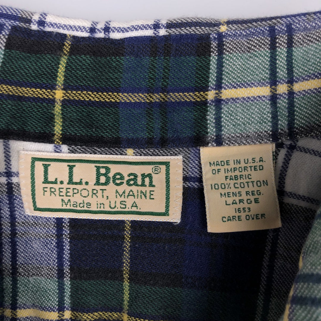 1980'S LL Bean Long-Sleeve Light Flannel Check Shirt, Made in USA, Men's Size L (Equivalent), Vintage cotton navy blue type Vintage Second Hand
