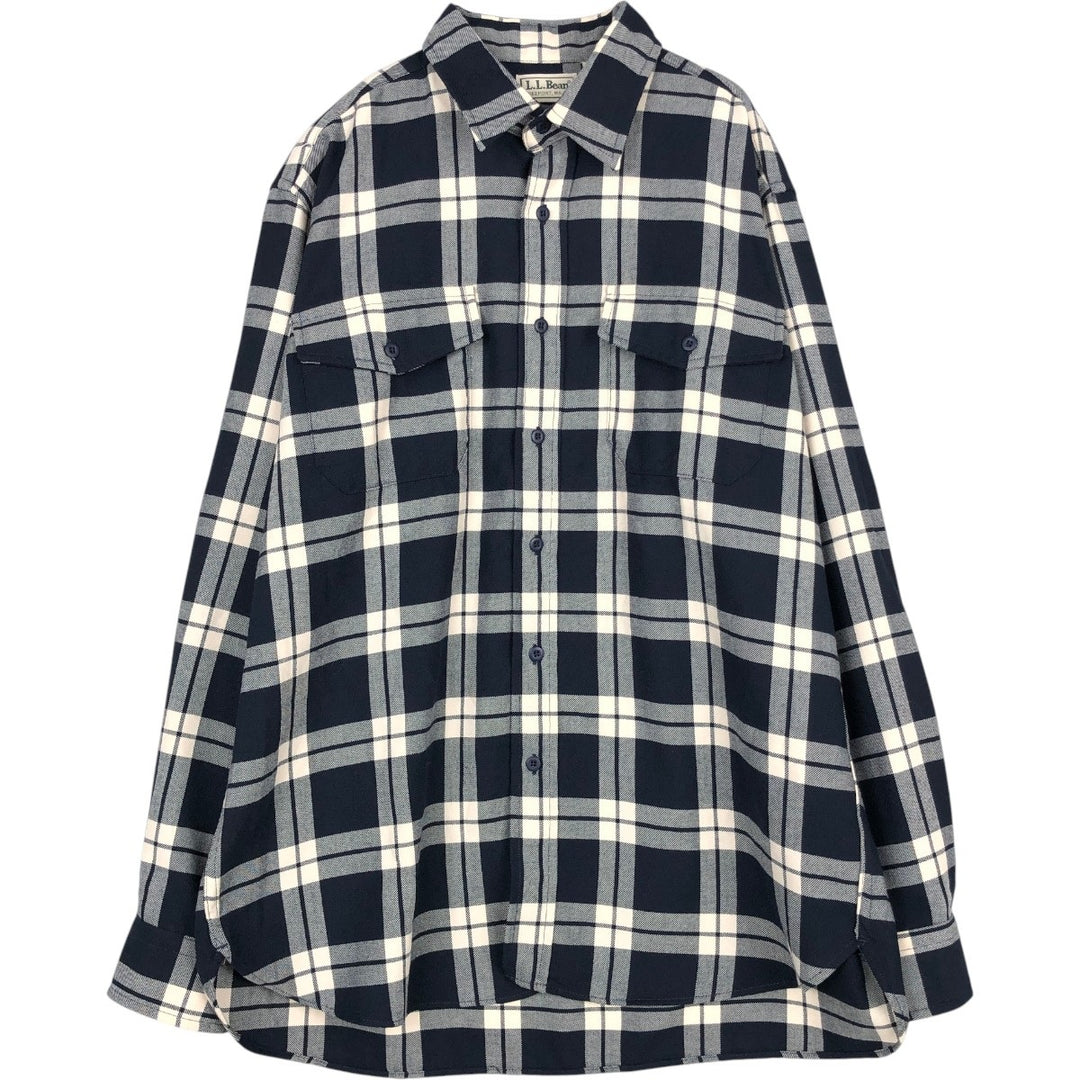 LLBean Check Pattern Long-Sleeve Light Flannel Check Shirt, Made in USA, Men's Size L (approx.) cotton navy blue type Vintage Second Hand