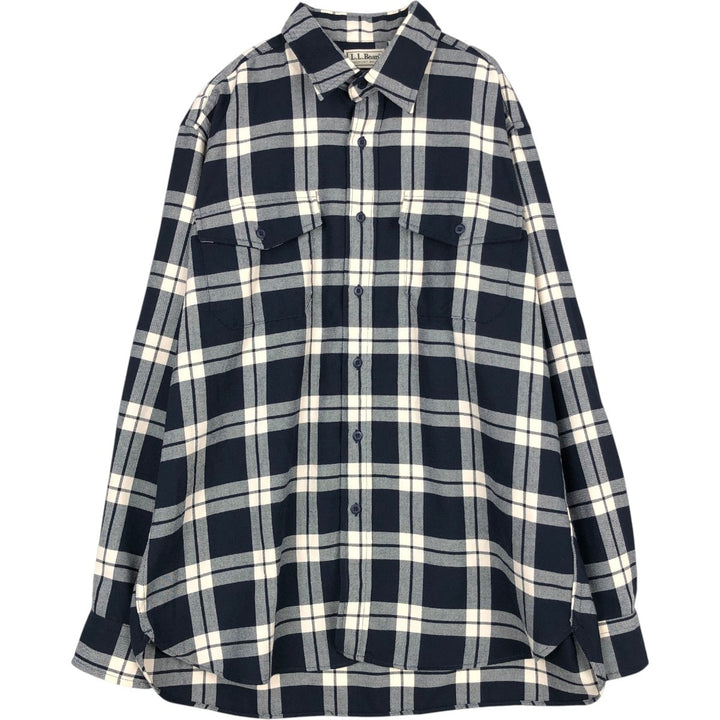 LLBean Check Pattern Long-Sleeve Light Flannel Check Shirt, Made in USA, Men's Size L (approx.) cotton navy blue type Vintage Second Hand