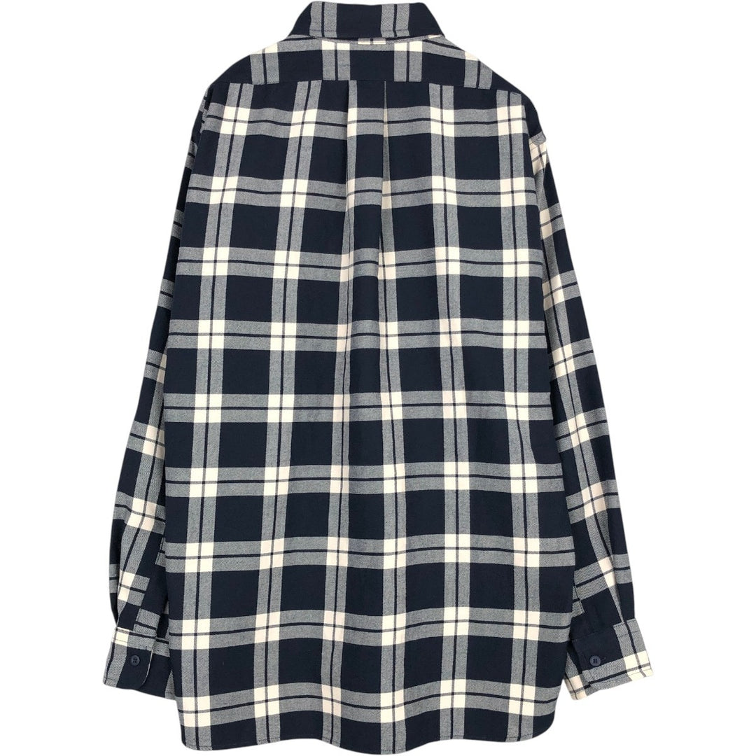 LLBean Check Pattern Long-Sleeve Light Flannel Check Shirt, Made in USA, Men's Size L (approx.) cotton navy blue type Vintage Second Hand
